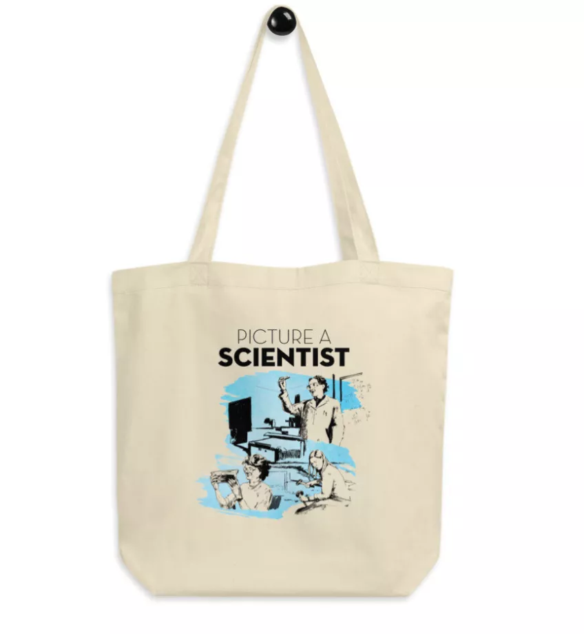 Tote bag with Picture a scientist movie poster on it
